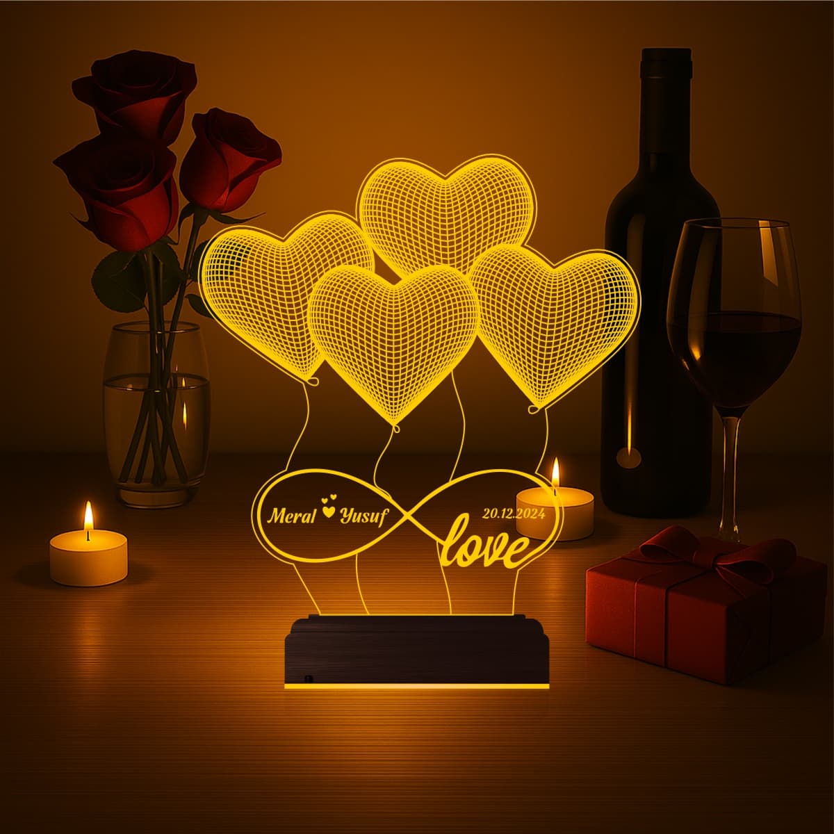 Сердца и Бесконечность — 3D LED Ночник | Подарок на годовщину 7