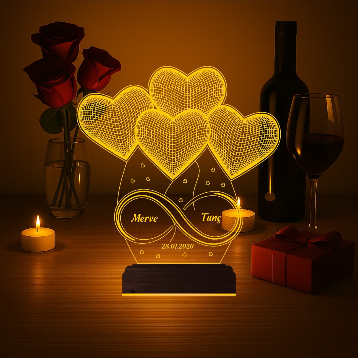 Сердца и Бесконечность — 3D LED Ночник | Подарок на годовщину 3