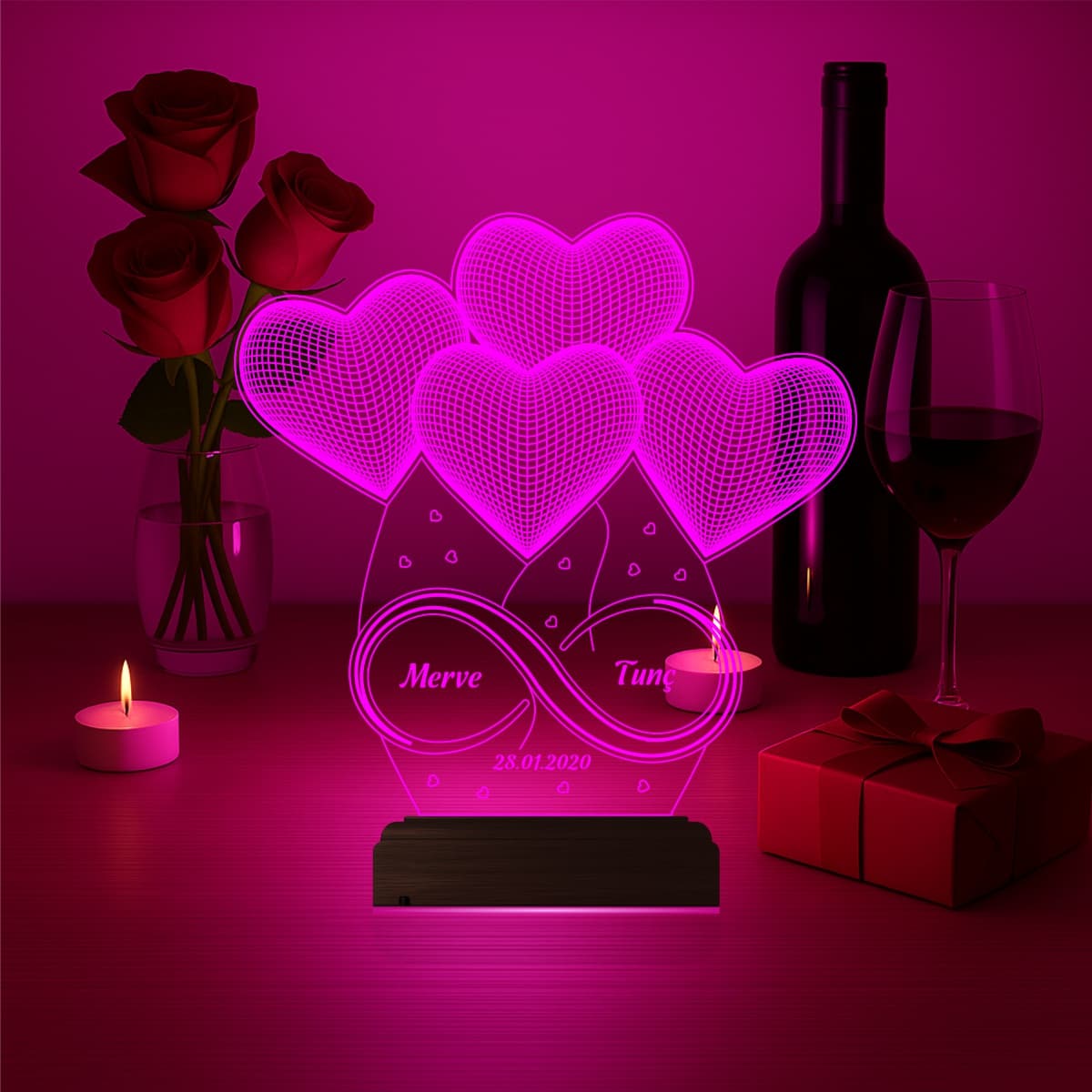 Сердца и Бесконечность — 3D LED Ночник | Подарок на годовщину 5