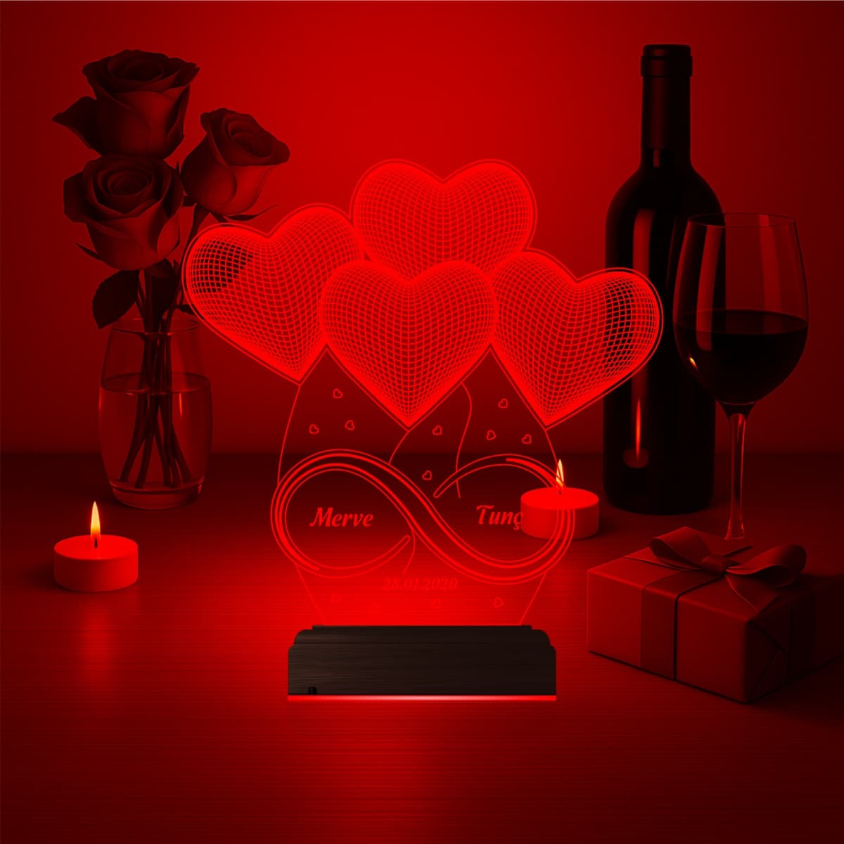 Сердца и Бесконечность — 3D LED Ночник | Подарок на годовщину 7