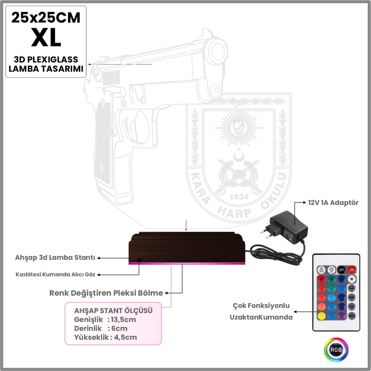 Пистолет Kara Harp Okulu — 3D LED Ночник | Подарок военному 8