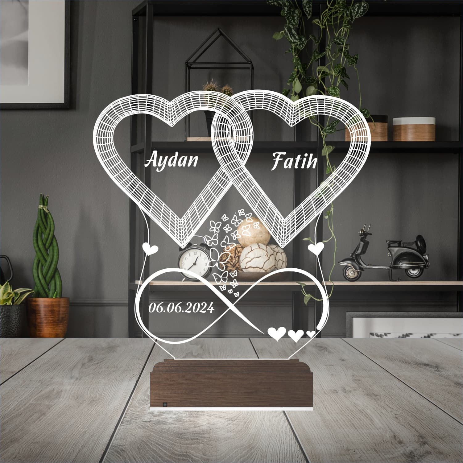 Переплетенные сердца — 3D LED Ночник | Подарок на годовщину 3