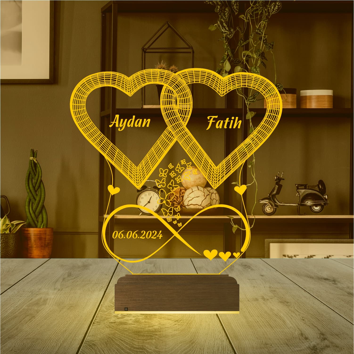 Переплетенные сердца — 3D LED Ночник | Подарок на годовщину 9