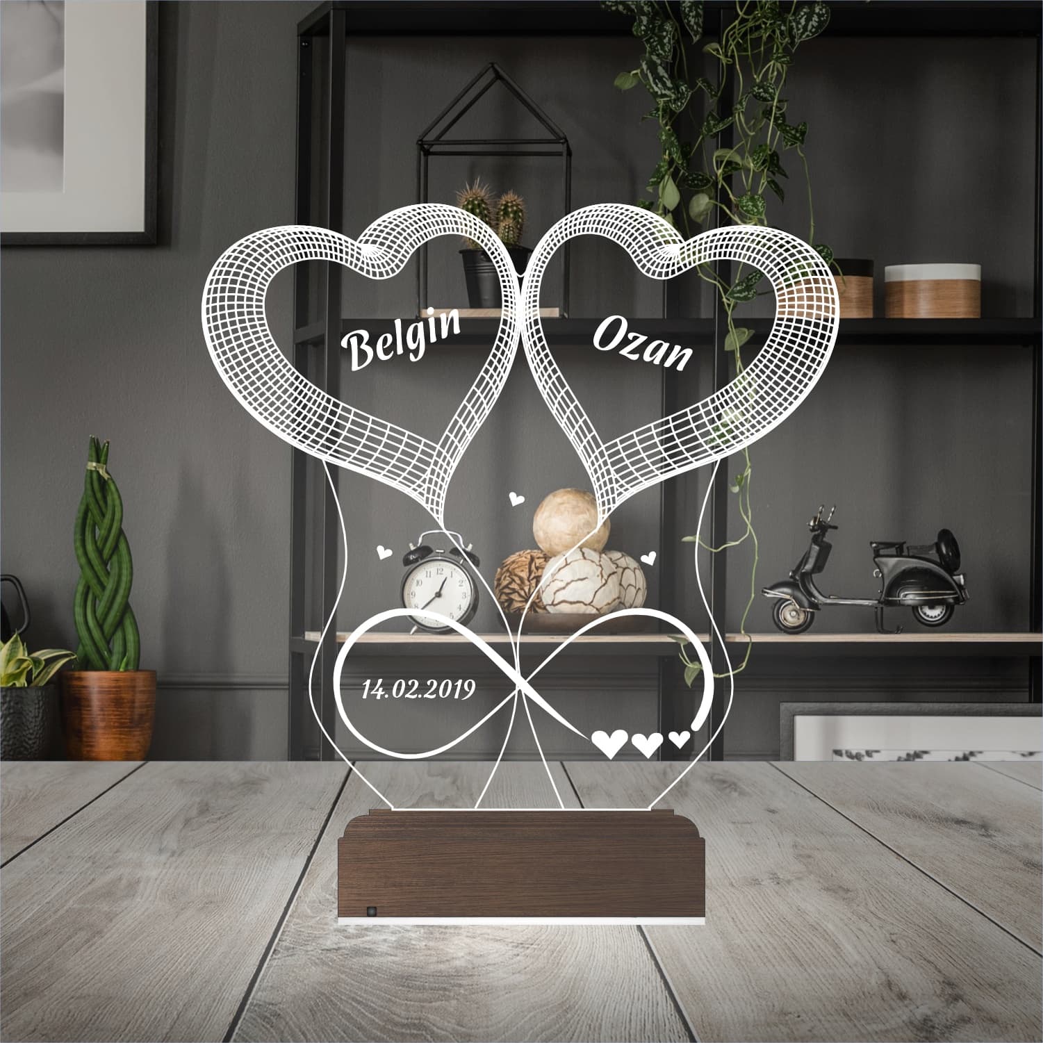 Сердца и бесконечность — 3D LED Ночник | Романтический подарок 3