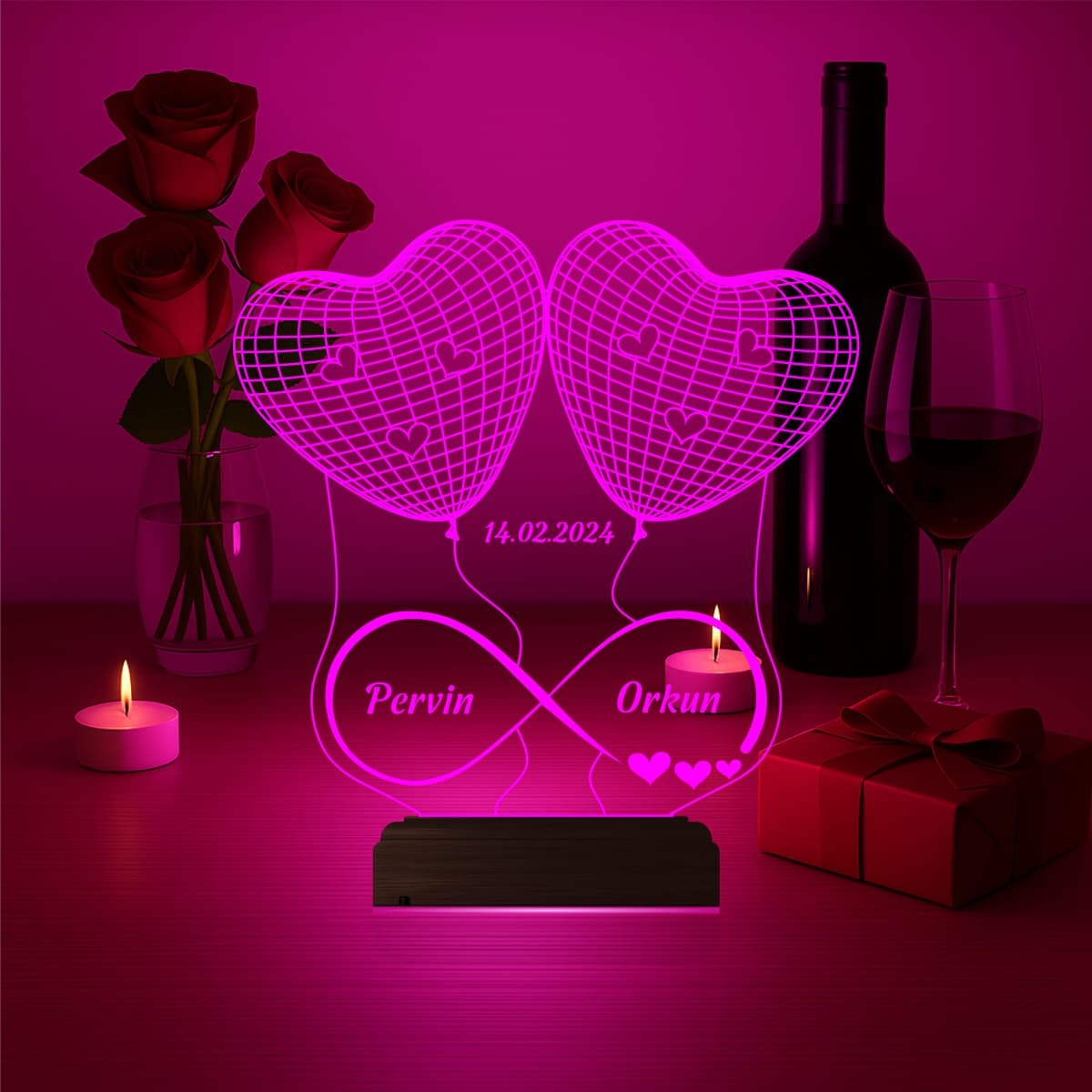 Сердца и Бесконечность — 3D LED Ночник | Подарок влюбленным 3