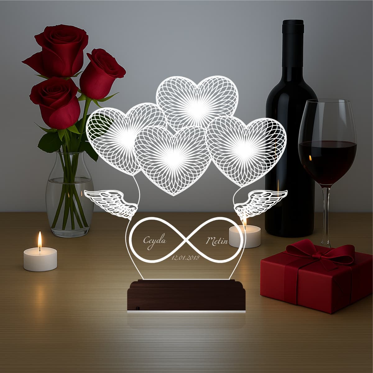 Сердца и Бесконечность — 3D LED Ночник | Подарок на годовщину 1