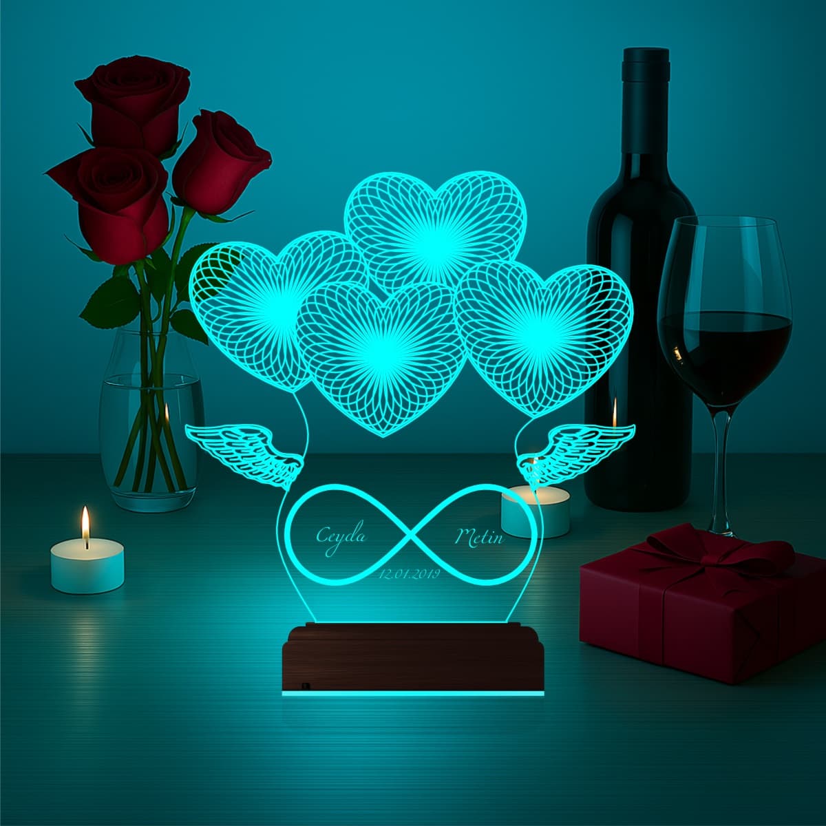 Сердца и Бесконечность — 3D LED Ночник | Подарок на годовщину 3