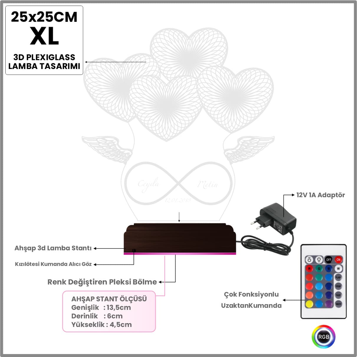 Сердца и Бесконечность — 3D LED Ночник | Подарок на годовщину 8