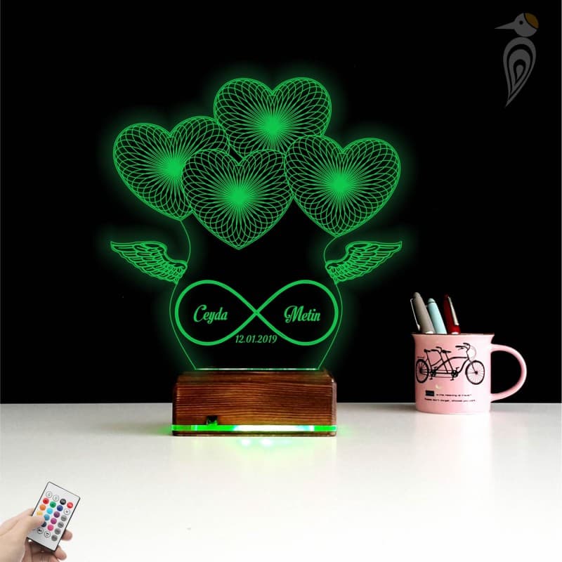 Сердца и Бесконечность — 3D LED Ночник | Подарок на годовщину 10