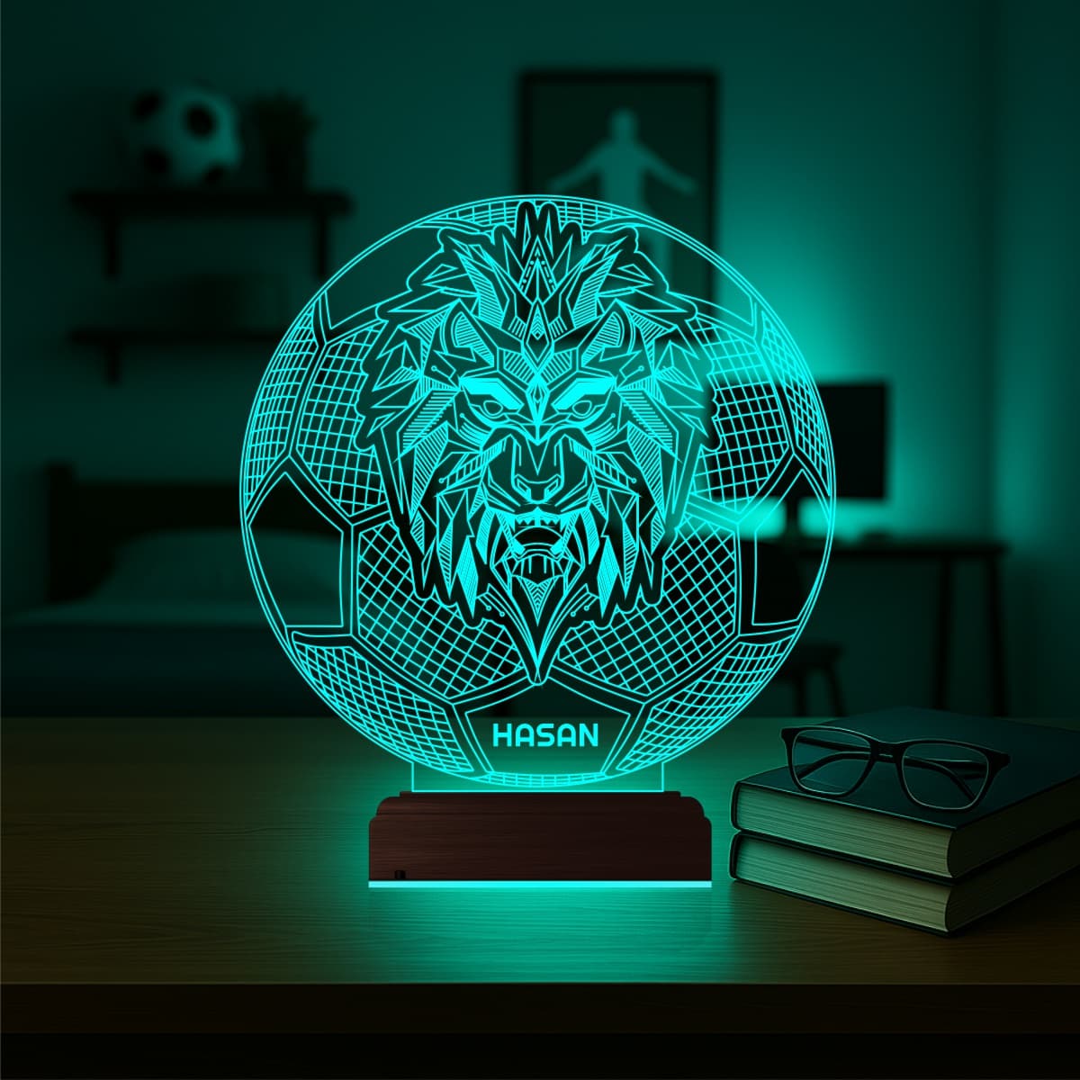 Лев и Футбол — 3D LED Ночник с именем | Подарок мальчику 3