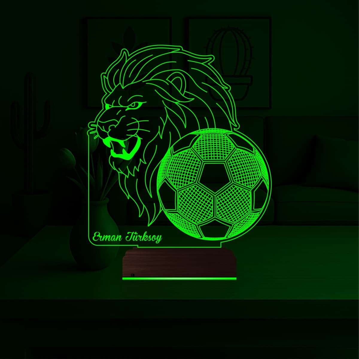 Лев и Футбол (с именем) — 3D LED Ночник | Подарок футболисту 3