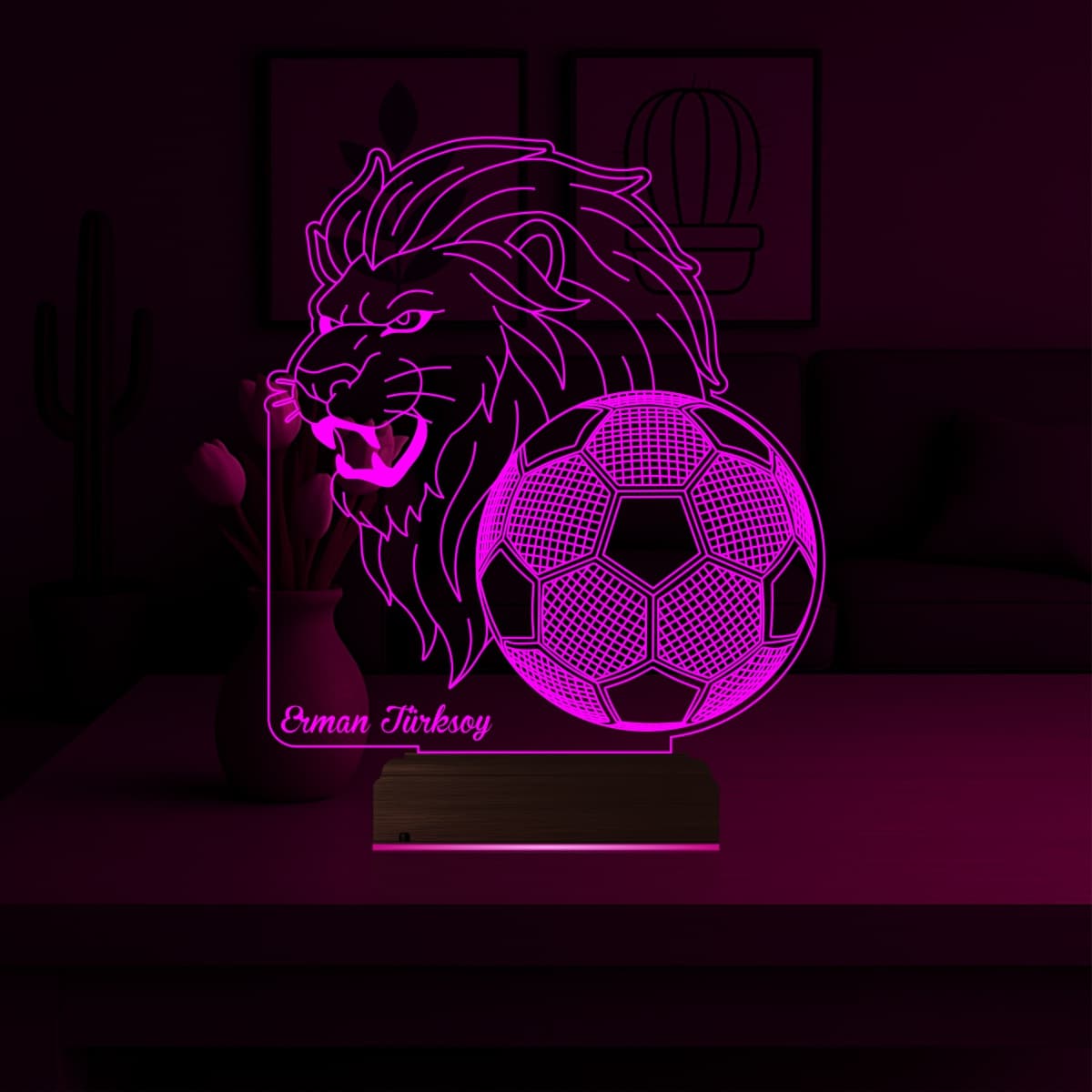 Лев и Футбол (с именем) — 3D LED Ночник | Подарок футболисту 4