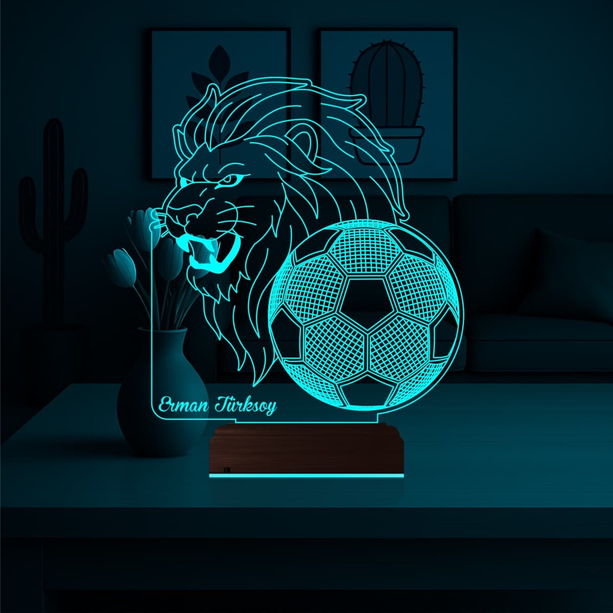 Лев и Футбол (с именем) — 3D LED Ночник | Подарок футболисту 5